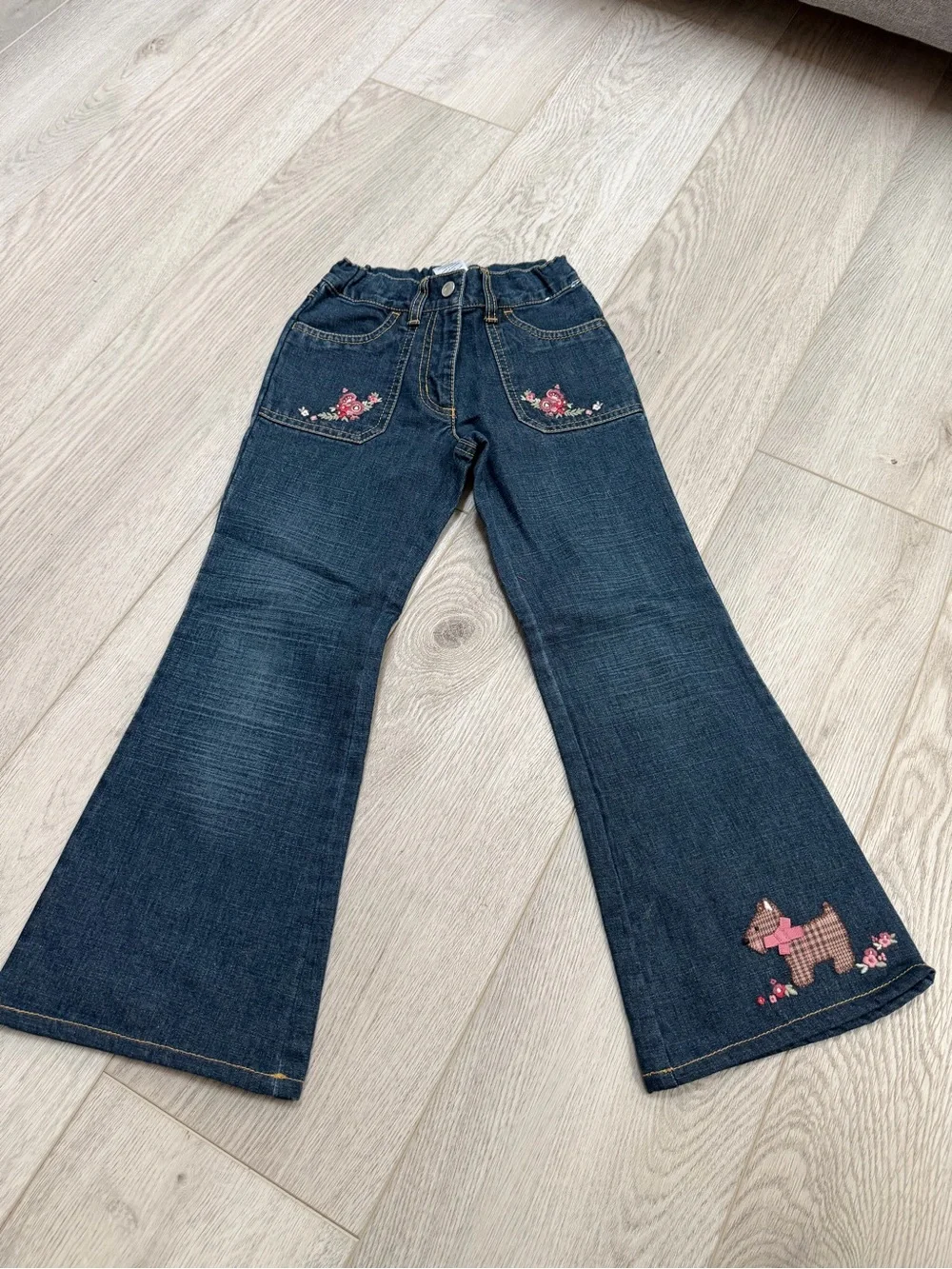 Gymboree Dark Blue Flare Jeans with Embroidered Floral & Dog Motifs
